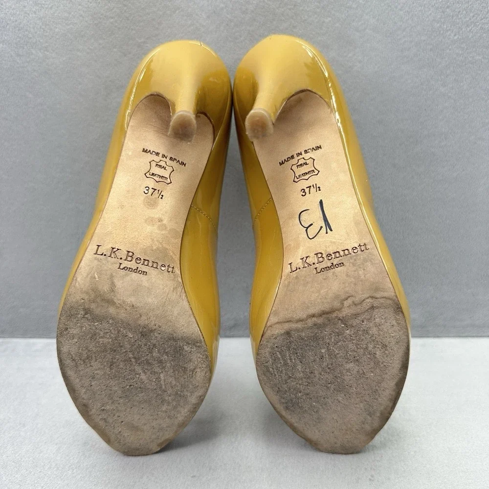 Womens 6.5 / EU 37.5 LK Bennett Pumps Mustard Patent Leather Stiletto Peep Toe